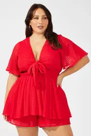 Red Tie Front Playsuit Short Sleeve