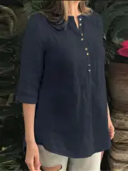 Cotton Solid Button Ruched High-Low Hem Casual Blouse