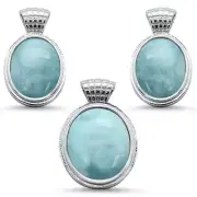 Oval Natural Larimar .925 Sterling Silver Earring & Pendant Set