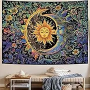 Obsecolors Sun and Moon Tapestry Psychedelic Mystic Floral Tapestry Hippie Boho Flower Plants Wall Tapestry Vintage Aesthetic Tapestry Wall Hanging for Bedroom