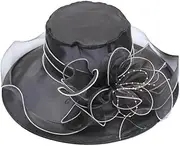 [Ｗoowayo] Women Wide Brim Sun Hats Beach Hat Floral Design Sun Protection Adjustable Organza Thin Elegant Sun Cap Fashion Accessories Black