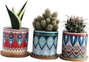 Sosoport Flower Pots Set of 3 Ceramic Vases Mandala Design Red Blue Green Decorative Home Planters Bamboo Trays Present
