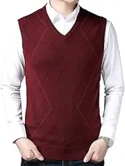 [SWJGLITTR] Men's Sweater V Neck Tank Slim Fit Cable Knitted Sleeveless Pullover Wool Blended Knitwear Loose Fit Vest, Claret, X-Large