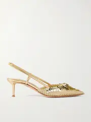 [Aquazzura] Aquazzura - Can Can 50 Embellished Tulle And Metallic Woven Leather Slingback Pumps - Gold - IT39 IT 39 Gold