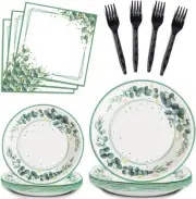 96 Pieces Sage Greenery Party Supplies Tableware Set Eucalyptus Leaf Jungle Them