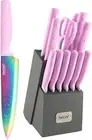 14 Pieces Knife Set with Block, Rainbow Titanium Knives Set with Laser Pattern,