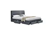 Design Square Modern Designer Fabric Bed Frame Headboard W/ 4-Drawers Storage Queen Size - Dark Grey
