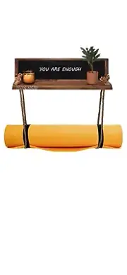Yoga Mat Shelf Wall Mount Rack with Chalkboard and Rustic Rope for Hanging and
