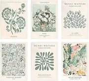 ZIENVE Vintage Matisse Art Poster – Set of 6 Abstract Sage Green Boho Wall Decor, Aesthetic Eclectic Prints for Bedroom, Dorm, Home & Office, 20 x 25cm Unframed