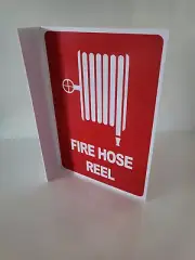 Right Angle Fire Extinguisher Hose Reel Location Sign 150mm x 220mm x 40mm. New.