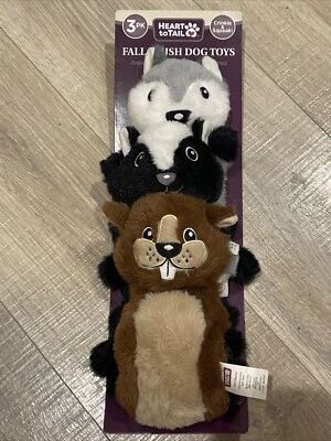 Dog Toys 3 Pack Plushies CRINKLES +2 SQUEAKERS Beaver, Wolf, Skunk Heart To TAIL