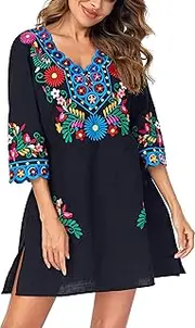 [YZXDORWJ] Women Embroidered Mexican V Neck Floral Dress Long Sleeve Floral Traditional Bohemian Dress