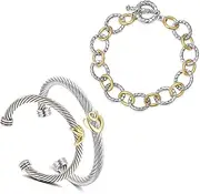 [HANTNOOL] Twisted Cable Cuff Bracelets Set, Trendy Gold and Silver Bangle Two Tone Bracelet with Gold Knot Designer Dupes Adjustable Mixed Metal Jewelry for Women