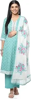[BIBA] Turquoise Cotton Anarkali Kurta Palazzo Suit Set, Turquoise