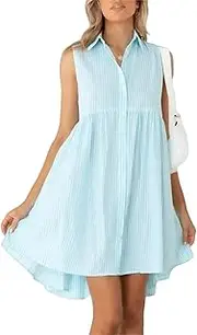 [SHINsuke] Women Summer Stripes Midi Shirt Dress, Ladies Casual Button Up Sleeveless Long A-Line Tunic Dress Holiday Work Beach