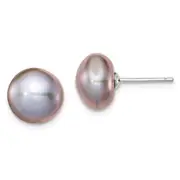 Sterling Silver Rh-Plated 10-11mm Grey Fwc Button Pearl Earrings