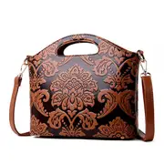 Women Vintage Embossed Ethnic Style Handbag Retro Shoulder Bag Large Capacity Yellow