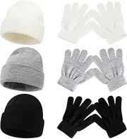 [Besforta] 6 Pack Kids Winter Beanies Hat Gloves Set Soft Toddler Knitted Beanie Cap with Gloves Cuffed Skull Cap for Boys Girls