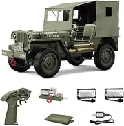 1/10 Willys MB RC Jeep, 2.4Ghz Military Truck 4WD RC Crawler with Turn Signal Light, Front Winch, Tarpaulin, Hobby RC Truck Off-Road Military Jeep, Metal Shaft, 4x4 Off Road Vehicle RTR, 2 Batteries