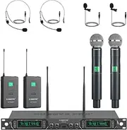 Phenyx Pro Wireless Microphone System, 4-Channel UHF Wireless Mic Set with Handheld/Bodypack/Headset/Lapel Mics, Fixed Frequency Metal Cordless Microphone for Church,Singing,DJ(PTU-5000-2H2B)