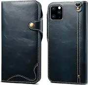 nincyee Genuine Leather Wallet Case for iPhone 11 Pro,Classic Oil Wax Pattern Real Leather Button Card Slot Flip Stand Case Cover with Lanyard