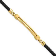 8 Inch 14K Polished Bar Leather Bracelet
