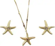 [Cykdohy] Dainty CZ Starfish Pendant Necklace and Stud Earrings Set for Women Stainless Steel 18K Gold Plated Fashion Cubic Zirconia Star Charm Adjustable Chain Choker Trendy Beach Vacation Boho Summer Jewelry