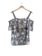 Monsoon Navy Gingham Tiered Floral Cotton Strap Top Size L Large RRP£49 New