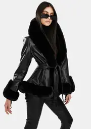 [AZALEA WANG] Kenzy Faux Fur Trim Peplum Coat
