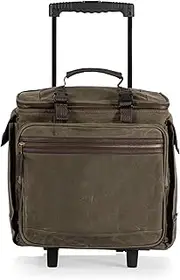 PICNIC TIME Somm - 12 Bottle Insulated Waxed Canvas Wine Bag with Rolling Cart, (Khaki Green with Brown Accents)
