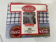 Coke Coca-Cola Twin Sheet Set Flat Fitted Pillowcase Ice Cold Plaid Vtg Retro