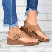 [JSMY] Womens Flat Sandals Ladies Summer Vintage Buckle Design Ankle Strap Thong Sandals Faux Leather Flip Flops Comfy T-Bar Slingback Wedge Walking Shoes,Brown,US8/EU39