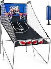 Costway Dual Shot Basketball Arcade Game, Indoor Outdoor Basketball Game with 8 Game Modes, Arcade Sound, Electronic Scoring, 4 Balls and Foldable Storage (Blue)