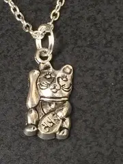 Maneki Neko Money Lucky Cat Chinese Charm Tibetan Silver Necklace 18"