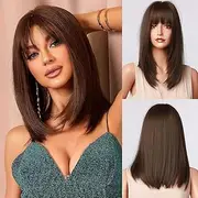 Dark Brown Wig with Fringe - Medium Length Brown Wigs for Women, Natural Straight Realistic Hair, Best Synthetic Wigs for Daily Wear/Halloween/Party/Cosplay