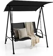 Costway 2-seat Outdoor Swing with Adjustable Canopy, Patio Canopy Swing Bench with Comfortable Fabric Seat & Heavy-Duty Metal Frame,Outdoor Swing Loveseat for Patio, Garden, Poolside (Black)