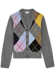 Ganni Harlequin Wool-blend Cardigan - Grey - L (UK14 / L) L (UK14 / L)
