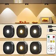 HOMEBEST Rechargeable Puck Lights with Remote, 3 Colors Under Cabinet Lighting Wireless, 1500mAh LED with Timer & Dimmer, Stick on Under Cabinet for Kitchen, Closet, Shelves (6 Pack)