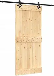 vidaXL Solid Pine Sliding Barn Door with Powder-Coated Steel Hardware - Space-Saving, Quiet Motion Design for Home, Bedroom, Kitchen, 90x210cm