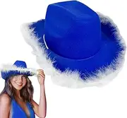 [Jiimhte] Feathers Cowboy Cowgirl Hat,Blue Cowgirl Fashion Feather Boa Hat - Felt Dress Up Headpiece, Western Headwear, Halloween Accessories For Bachelorette Parties
