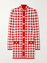 [Balmain] Balmain - Button-embelllished Gingham Jacquard-knit Mini Dress - Red - FR 38 FR 38 Red