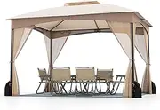 [Costway] 10 X 12 FT Patio Gazebo with Netting Walls, Soft Top Double Roof Canopy with 4 Sandbags, Zippered Doors, Heavy-Duty Metal Frame, Outdoor Pavilion Shelter for Yard Garden Lawn (Khaki)