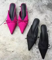 Womens Satin Silk Blend Bow Knot Pointed Toe Mules Med Heels Slippers Shoes I576