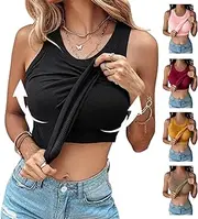 [YOHFRFGX] Chic-Me Tank Top with Bra, Tank Tops with Built in Bras, Round Neck Ribbed Tank Top with Bra Pads