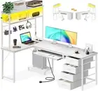 59Inch Reversible Computer Desk with Drawers,Corner Office Desk with LED Lights