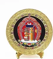 Decorative Kalachakra Mandala Display Plate with Stand, 5.9 inches, Gold and Red