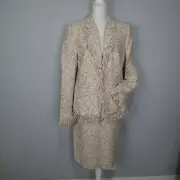 1900$ Escada Tweed Cotton wool bl Skirt Suit Blazer Jacket 12 beige white fringe