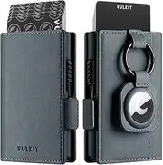 [VULKIT] Card Holder Wallet with Airtag Holder & ID Window Pop Up Slim Leather Wallet RFID Blocking Magnetic Closure for Credit Cards and Cash Blue
