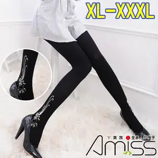【Amiss】3XL大U型接片‧120D造型褲襪-燙銀桃心花朵(A514-4)