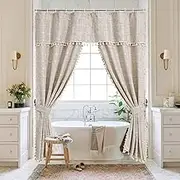 MitoVilla Boho Farmhouse Swag Shower Curtain, Cotton Linen Cloth Fabric Shower Curtain Set with Elegant Valance and 2 Tie Backs for Vintage Country Bathroom Decor, Tan Brown, 72 x 72
